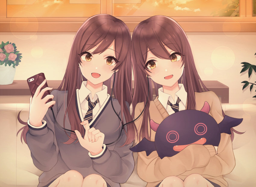 2girls absurdres beige_sweater blue_neckwear brown_eyes brown_hair collared_shirt eyebrows_visible_through_hair from_above gradient gradient_background grey_jacket hair_between_eyes hands_clasped highres idolmaster idolmaster_shiny_colors jacket long_hair looking_at_viewer mhn multiple_girls one_eye_closed oosaki_amana oosaki_tenka open_mouth own_hands_together plaid plaid_skirt pleated_skirt school_uniform shirt siblings sidelocks skirt smartphone standing straight_hair striped striped_neckwear tokufumi twins white_shirt