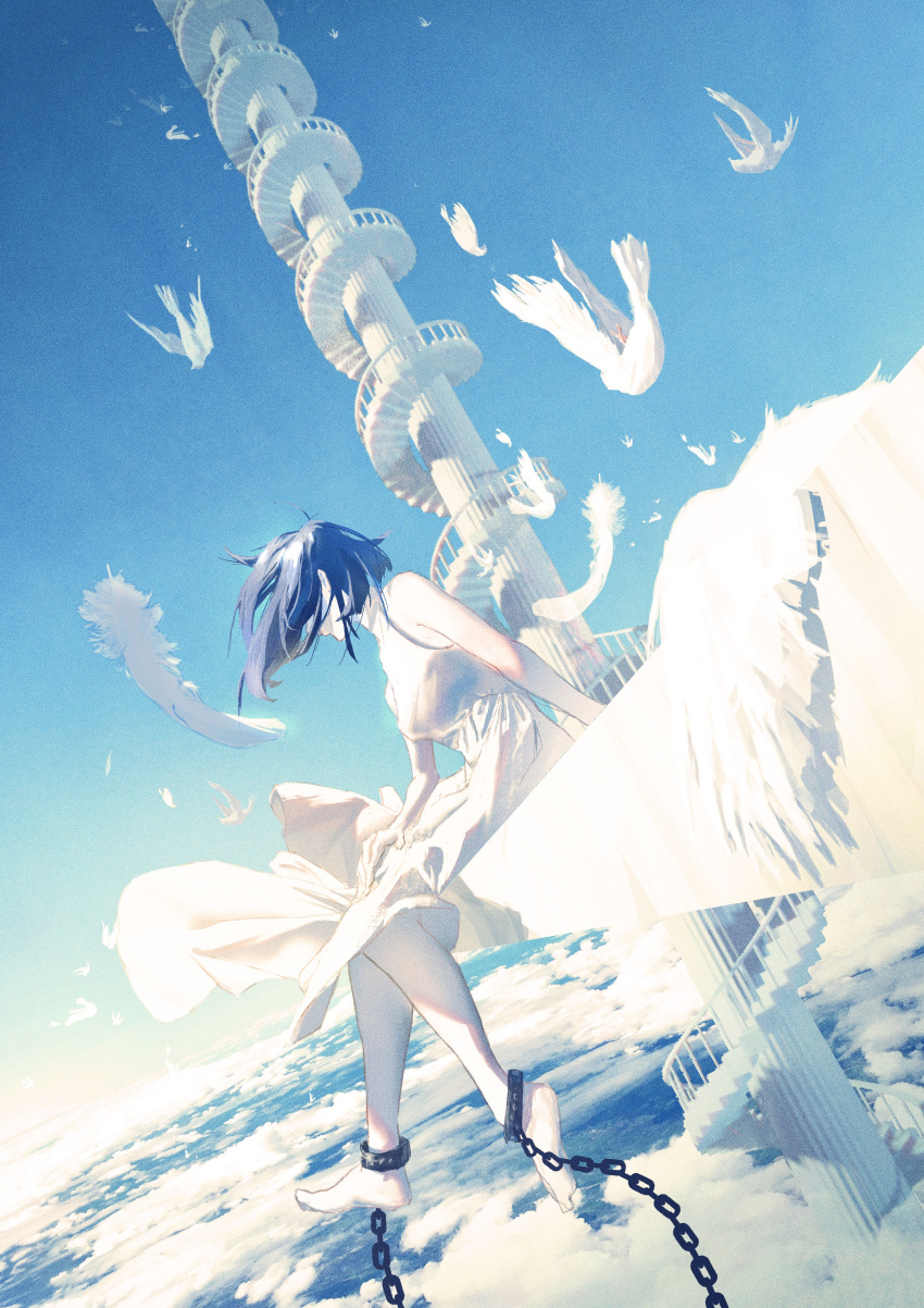 1girl absurdres animal bare_shoulders barefoot bird blue_hair blue_sky chain clouds cloudy_sky cuffs death dress falling feathers film_grain hand_on_own_knee highres ledge long_hair neg_(101neg) original outdoors pillar planet scenery shackles sitting sky solo spiral_staircase stairs white_bird white_dress white_feathers