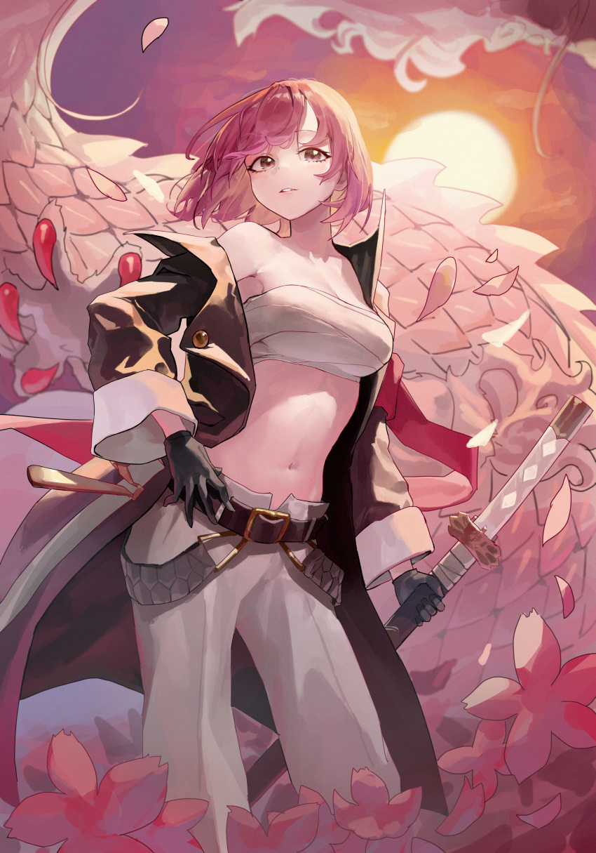 1girl absurdres alchemy_stars belt belt_buckle black_gloves black_jacket breasts buckle commentary english_commentary falling_petals feet_out_of_frame flower gloves hand_on_hip highres hiiro_(alchemy_stars) holding holding_sword holding_weapon jacket katana looking_at_viewer mac_star medium_breasts midriff off_shoulder open_clothes open_jacket pants parted_lips petals pink_eyes pink_flower pink_hair sarashi short_hair solo sun sunset sword weapon white_pants