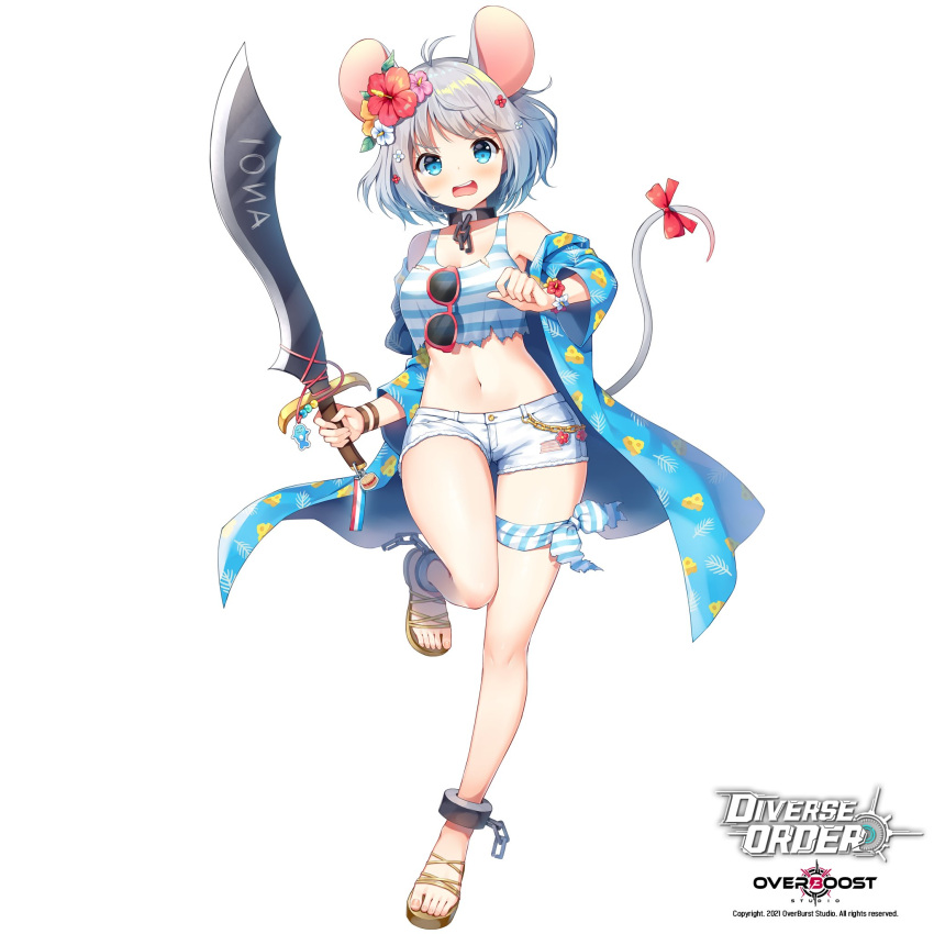 1girl animal_ears antenna_hair bare_shoulders blue_eyes blue_jacket bow brown_footwear camisole chain character_request collarbone commentary_request crop_top cuffs cutlass_(sword) diverse_order eyewear_hang eyewear_removed flower full_body grey_hair hair_flower hair_ornament highres holding holding_sword holding_weapon jacket korean_commentary long_sleeves looking_at_viewer mauve midriff mouse_ears mouse_girl mouse_tail navel off_shoulder official_art open_mouth pink_flower red-framed_eyewear red_bow red_flower sandals short_shorts shorts simple_background solo standing standing_on_one_leg striped_camisole sunglasses sword tail tail_bow tail_ornament teeth torn_camisole upper_teeth v-shaped_eyebrows watermark weapon white_background white_flower white_shorts wide_sleeves