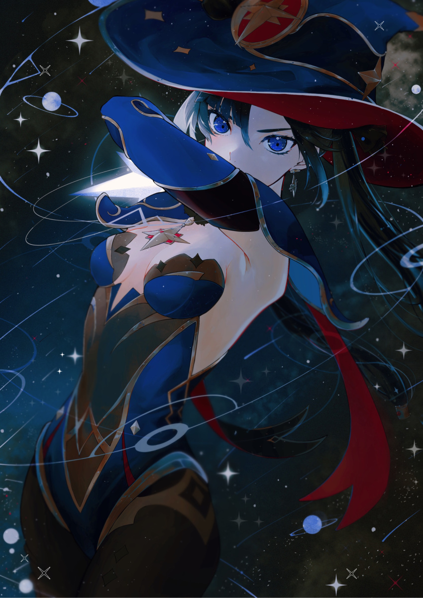 1girl absurdres arano0910 black_hair blue_eyes blue_leotard breasts earrings genshin_impact hat highleg highleg_leotard highres jewelry leotard long_hair looking_at_viewer mona_(genshin_impact) pantyhose planet solo star_(symbol) star_earrings star_print twintails witch_hat