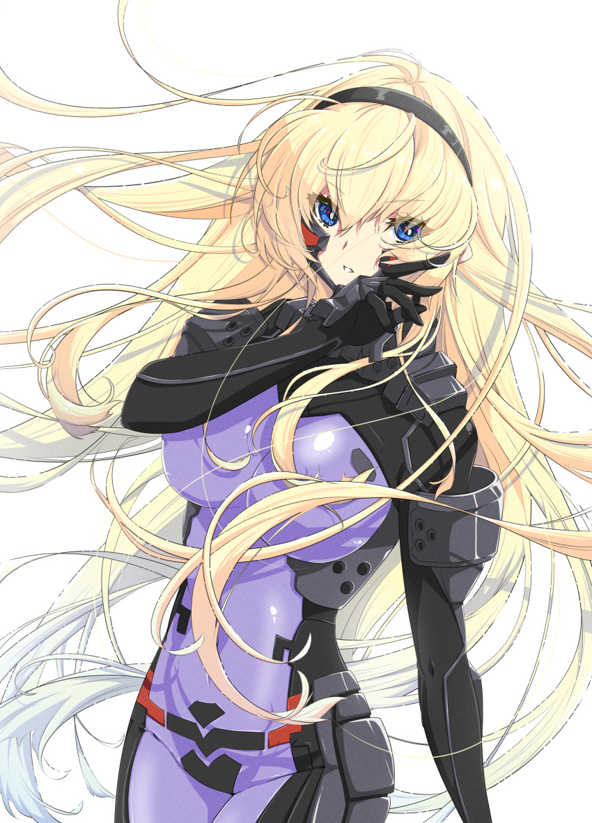 1girl black_gloves black_hairband breasts covered_navel eyebrows_visible_through_hair floating_hair fortified_suit gloves hairband highres irisdina_bernhard kamon_rider long_hair looking_at_viewer medium_breasts muvluv muvluv_alternative parted_lips pilot_suit schwarzesmarken skin_tight solo v-shaped_eyebrows very_long_hair white_background