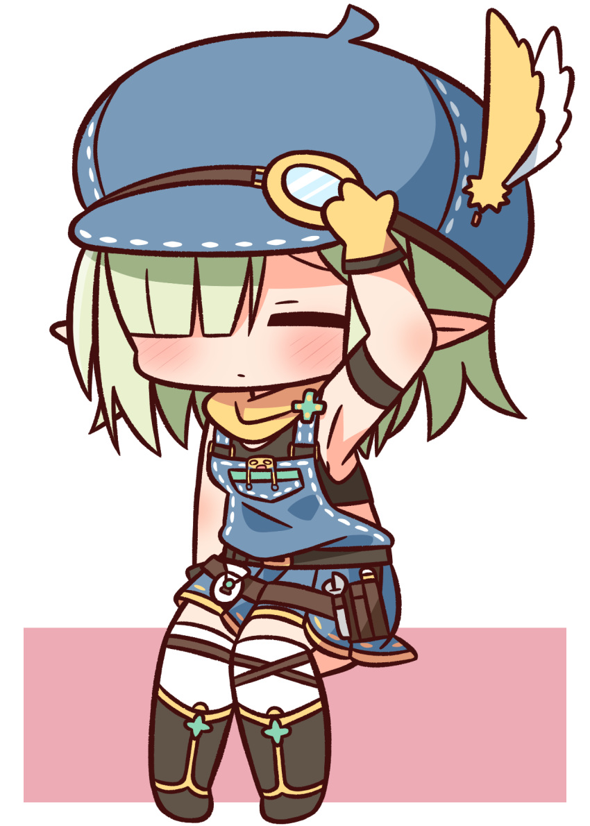 1girl aoi_(princess_connect!) arm_up armpits bare_shoulders black_footwear black_tank_top blue_headwear blush boots cabbie_hat chibi closed_eyes closed_mouth facing_viewer feathers full_body gloves green_hair hair_over_one_eye hana_kazari hat hat_feather highres overall_skirt pink_background pointy_ears princess_connect! sitting solo tank_top thigh-highs thighhighs_under_boots two-tone_background white_background white_feathers white_legwear yellow_feathers yellow_gloves