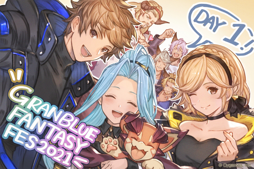 2girls 5boys ahoge animal_ears bare_shoulders black_jacket black_shirt blonde_hair blowing_kiss blue_hair blush braid brown_hair choker closed_eyes collarbone commentary_request company_name copyright copyright_name djeeta_(granblue_fantasy) dragon draph elsam_(granblue_fantasy) english_text erune facial_hair finger_heart gran_(granblue_fantasy) granblue_fantasy hair_intakes hairband heart highres horns jacket ladiva long_hair lowain_(granblue_fantasy) lyria_(granblue_fantasy) multiple_boys multiple_girls off_shoulder official_art one_eye_closed open_mouth purple_hair shirt short_hair smile speech_bubble tomoi_(granblue_fantasy) turtleneck vyrn_(granblue_fantasy)