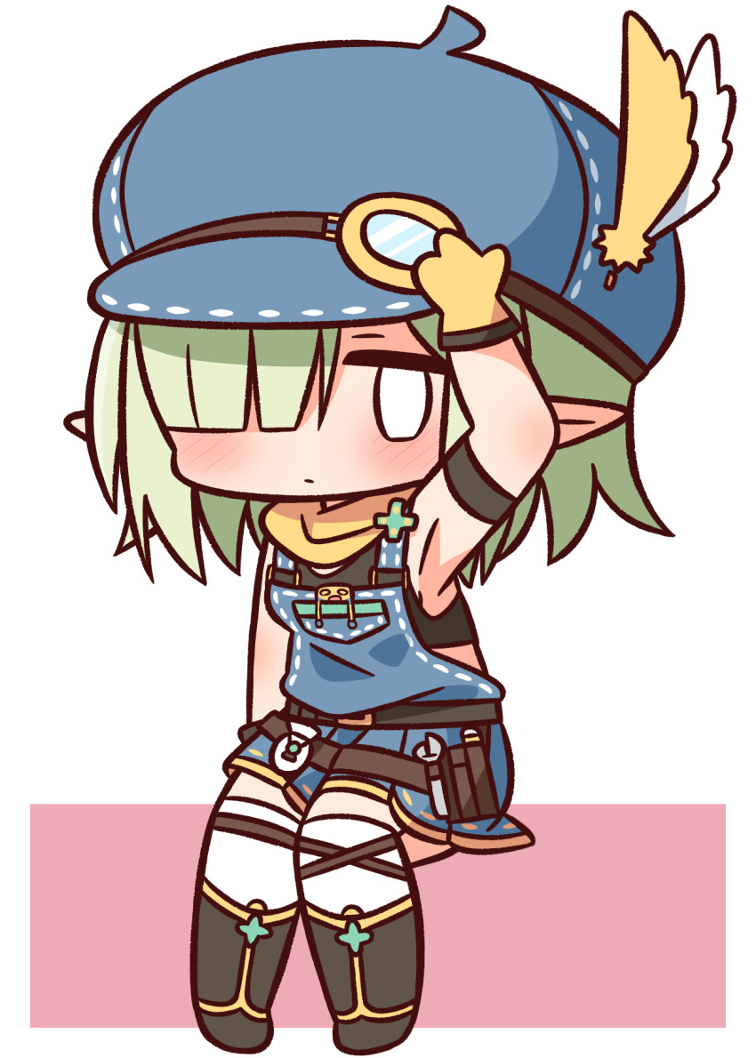 1girl aoi_(princess_connect!) arm_up armpits bare_shoulders black_footwear black_tank_top blank_eyes blue_headwear blush boots cabbie_hat chibi closed_mouth feathers full_body gloves green_hair hair_over_one_eye hana_kazari hat hat_feather highres looking_at_viewer overall_skirt pink_background pointy_ears princess_connect! sitting solo tank_top thigh-highs thighhighs_under_boots two-tone_background white_background white_feathers white_legwear yellow_feathers yellow_gloves