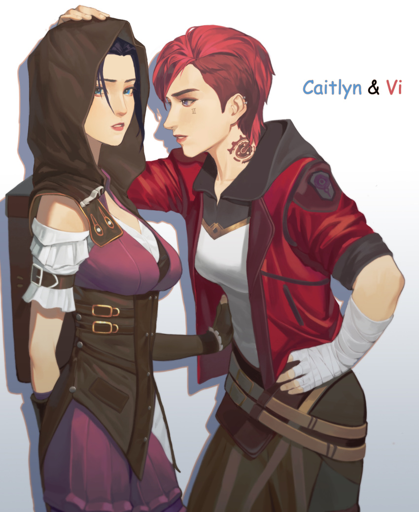 2girls absurdres arcane:_league_of_legends arm_behind_back backpack bag bandaged_arm bandaged_hand bandages bangs bare_shoulders belt black_hoodie breasts brown_bag brown_belt brown_gloves brown_hood brown_pants caitlyn_(league_of_legends) character_name commentary_request fingerless_gloves gloves gradient gradient_background hand_on_another's_head hand_on_hip highres hood hood_down hood_up hoodie irgom jacket league_of_legends medium_breasts multiple_girls open_clothes open_jacket pants parted_lips red_jacket redhead short_hair smile tattoo teeth vi_(league_of_legends) yuri