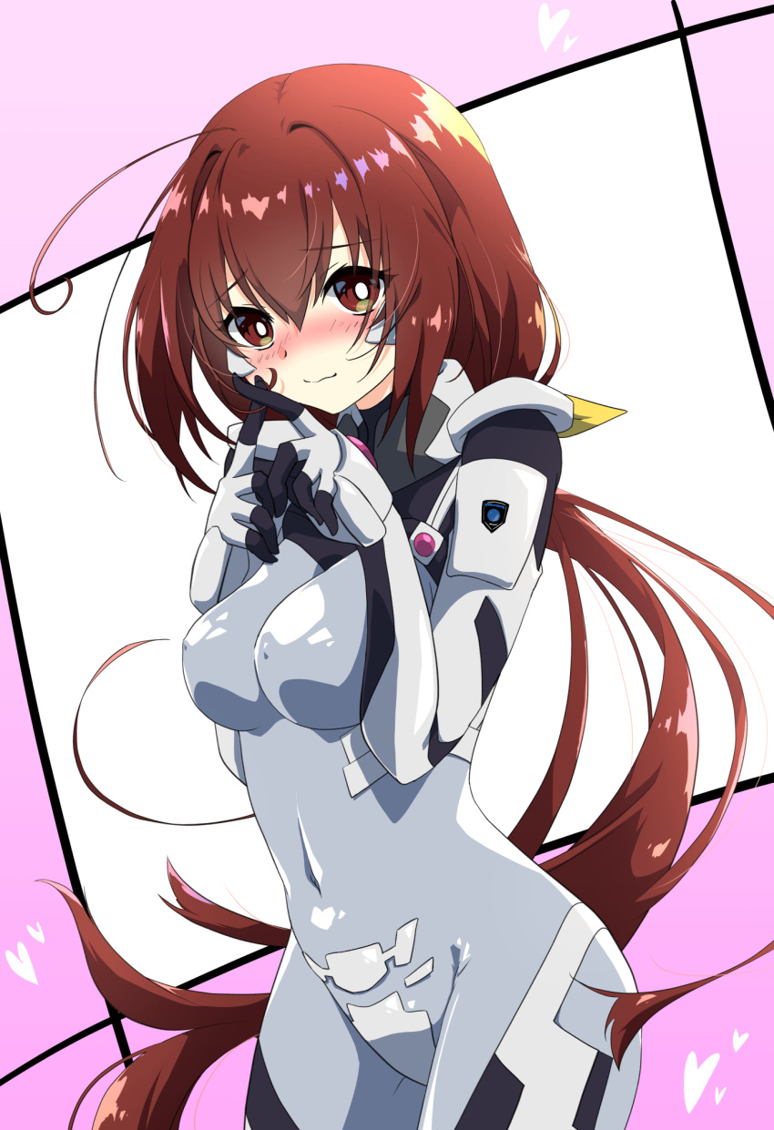 1girl ahoge blush bodysuit bright_pupils covered_navel covered_nipples embarrassed eyebrows_visible_through_hair fingers_together fortified_suit highres kagami_sumika kamon_rider long_hair low_ponytail muvluv muvluv_alternative muvluv_alternative_(anime) pilot_suit red_eyes redhead smile solo white_pupils