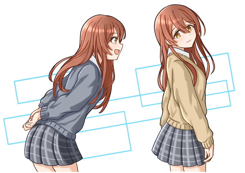 2girls absurdres beige_sweater blue_neckwear brown_eyes brown_hair collared_shirt eyebrows_visible_through_hair from_above gradient gradient_background grey_jacket hair_between_eyes hands_clasped highres idolmaster idolmaster_shiny_colors jacket long_hair looking_at_viewer mizusaki multiple_girls one_eye_closed oosaki_amana oosaki_tenka open_mouth own_hands_together plaid plaid_skirt pleated_skirt school_uniform shirt siblings sidelocks skirt standing straight_hair striped striped_neckwear tokufumi twins white_shirt
