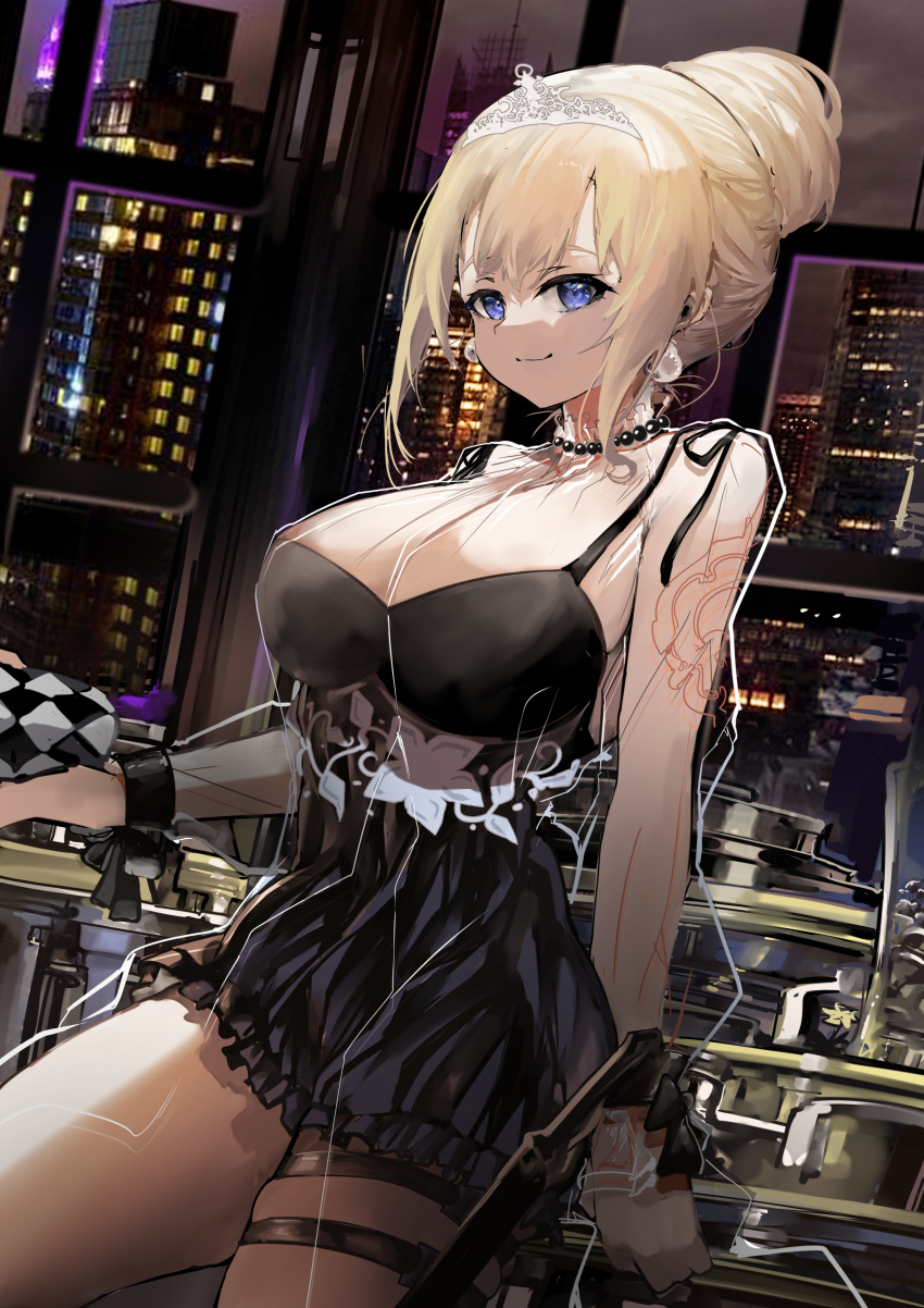 1girl absurdres asymmetrical_legwear black_dress blonde_hair blue_eyes breasts cityscape cowboy_shot crown dress earrings highres hololive hololive_english indoors jewelry large_breasts looking_at_viewer necklace night pearl_earrings pearl_necklace photo_background short_dress smile solo thigh-highs tied_hair transparent_shirt vyragami watson_amelia zettai_ryouiki
