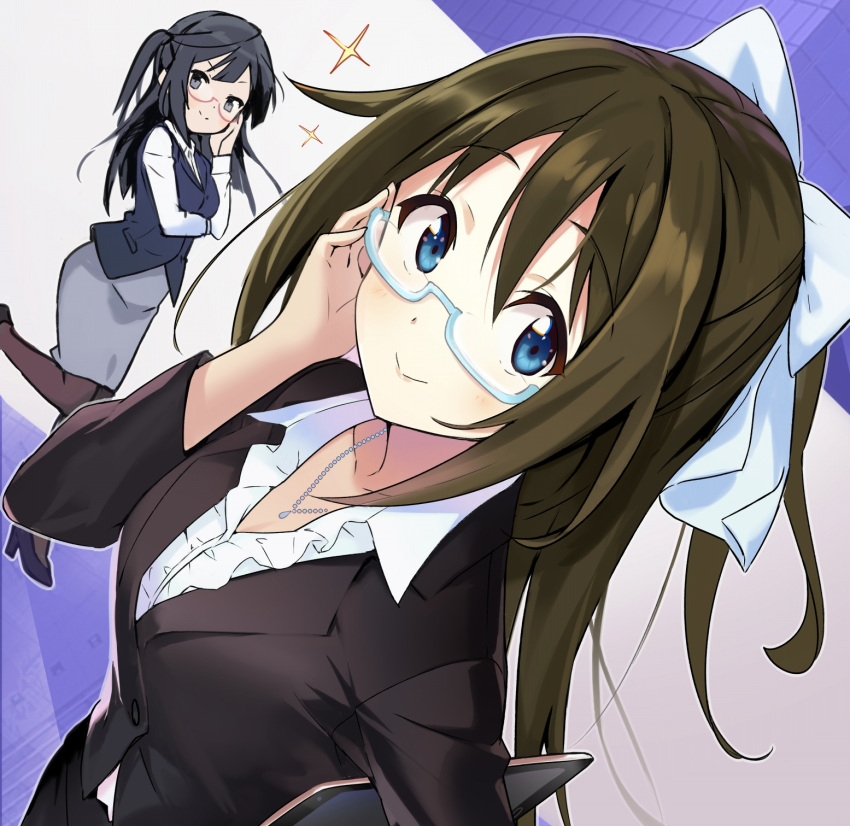 bangs black_eyes black_hair blue_eyes bow brown_hair business_suit formal grey_eyes hair_between_eyes hair_bow half_updo highres long_hair love_live! love_live!_nijigasaki_high_school_idol_club office_lady one_side_up ousaka_shizuku pencil_skirt ponytail rassie_s semi-rimless_eyewear sidelocks skirt skirt_suit suit white_bow yuuki_setsuna_(love_live!)