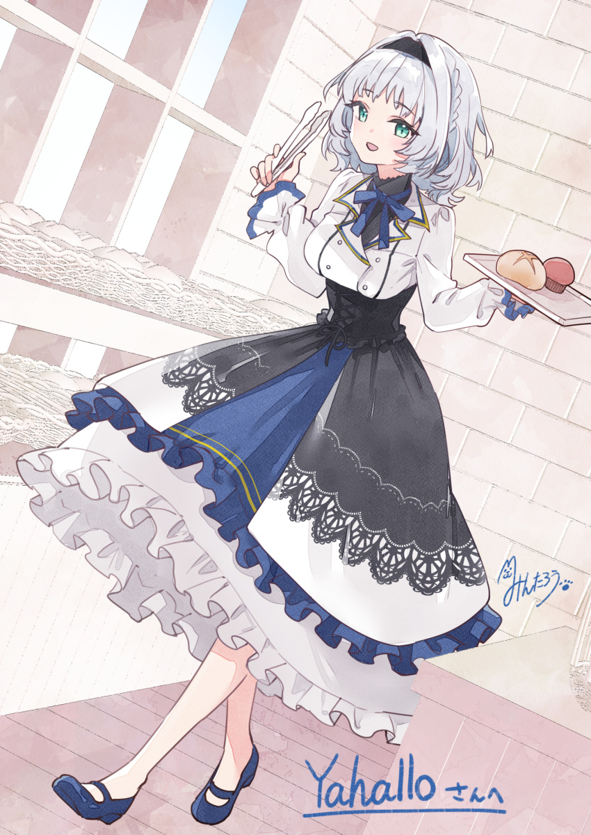 1girl braid bread buttons casual commission cross-laced_clothes double-breasted dress food frilled_dress frills green_eyes hairband halo_removed highres kamishiro_rita mary_janes muffin prism_project shoes short_hair silver_hair skeb_commission solo todo-akira tongs underbust