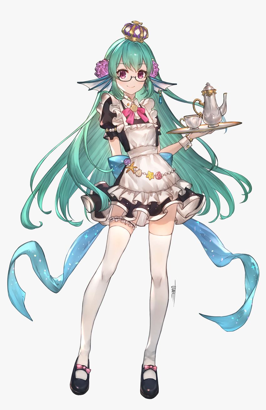 1girl alternate_costume arm_behind_back commentary crown cup earrings enmaided eyebrows_visible_through_hair finana_ryugu flower frills full_body glasses green_hair hair_flower hair_ornament head_fins highres holding holding_tray jewelry jun_wei long_hair looking_at_viewer maid nijisanji nijisanji_en puffy_short_sleeves puffy_sleeves red_eyes short_sleeves smile solo teapot thigh-highs tray very_long_hair virtual_youtuber white_legwear wrist_cuffs