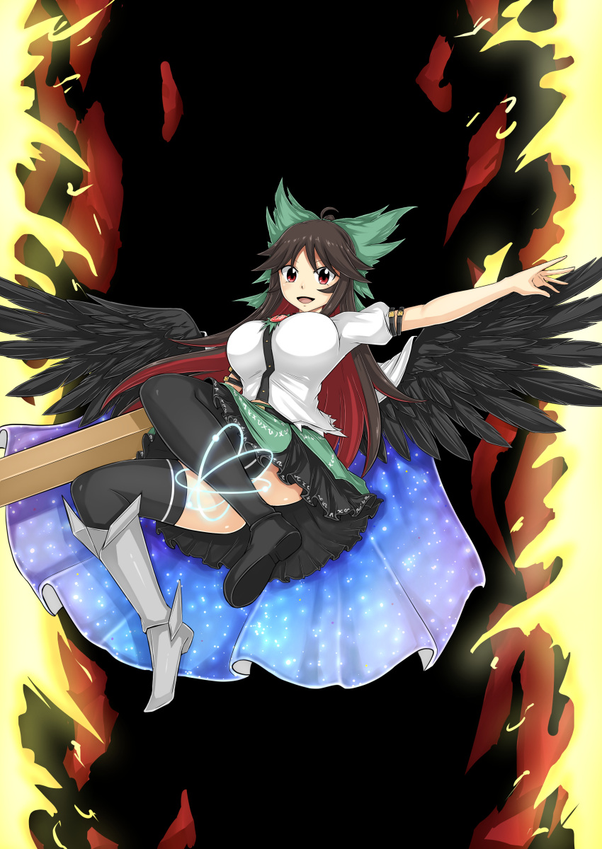 1girl absurdres abyss_arts ahoge arm_cannon armored_boots asymmetrical_footwear bangs bird_wings black_footwear black_legwear black_wings boots bow breasts brown_hair cape colored_inner_hair commentary_request control_rod convenient_leg fire frilled_skirt frills full_body green_bow green_skirt hair_bow highres large_breasts long_hair looking_at_viewer mismatched_footwear multicolored_hair open_mouth ponytail puffy_short_sleeves puffy_sleeves red_eyes redhead reiuji_utsuho shirt shoes short_sleeves single_shoe skirt solo starry_sky_print thigh-highs third_eye touhou two-tone_hair weapon white_cape white_shirt wings