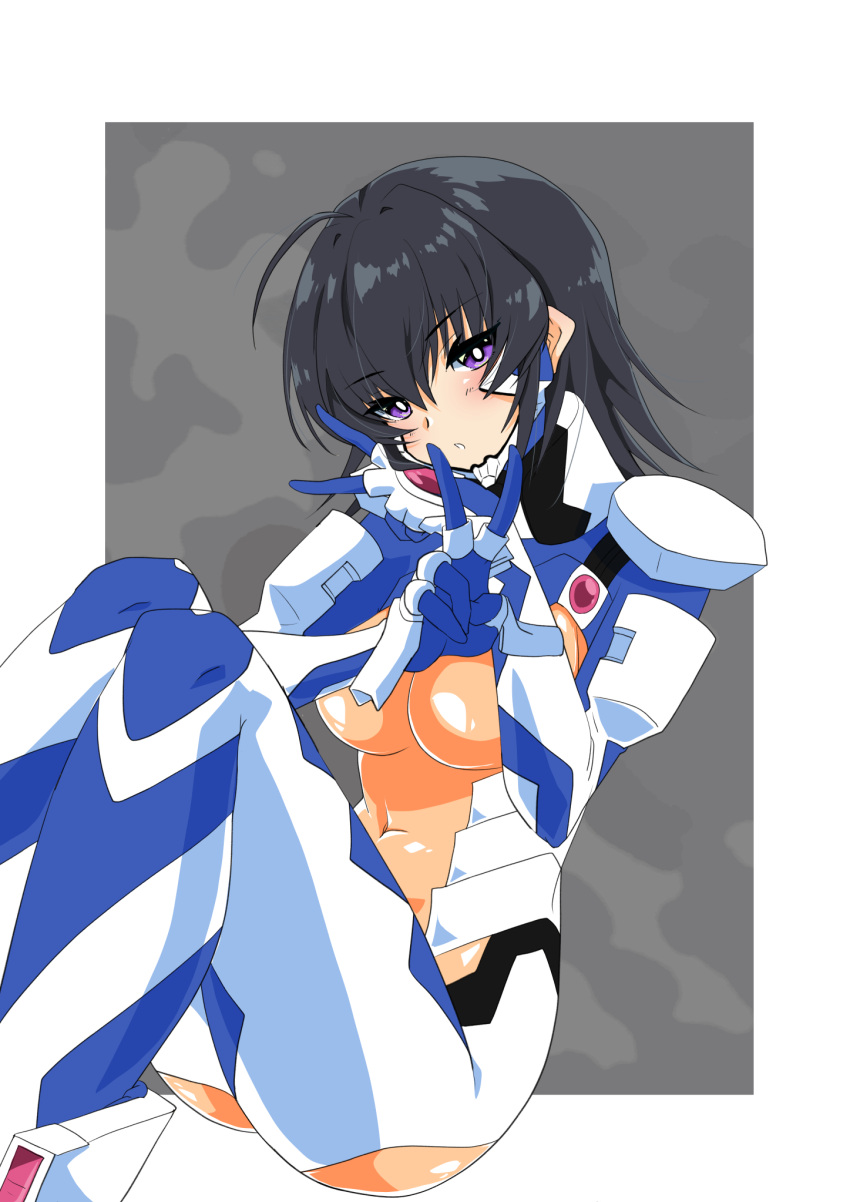 1girl :o ahoge ayamine_kei blush bodysuit border breasts bright_pupils covered_navel double_v eyebrows_visible_through_hair fortified_suit grey_background hair_behind_ear head_tilt highres kamon_rider looking_at_viewer medium_breasts medium_hair muvluv muvluv_alternative outside_border pilot_suit sitting solo v violet_eyes white_border white_pupils