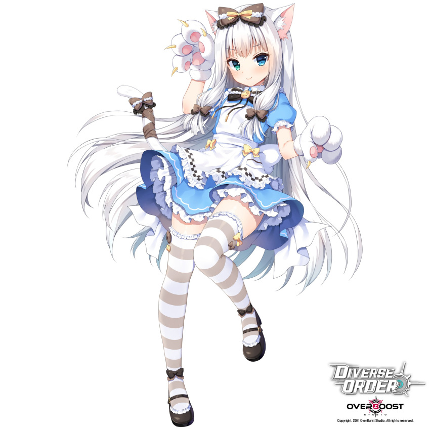 1girl animal_ears animal_hands apron arm_up bangs black_bow black_footwear blue_dress blue_eyes bow cat_ears cat_girl cat_tail character_request closed_mouth collared_dress commentary_request diverse_order dress eyebrows_visible_through_hair frilled_legwear full_body gloves green_eyes heterochromia highres korean_commentary long_hair looking_at_viewer mauve official_art paw_gloves puffy_short_sleeves puffy_sleeves shoes short_sleeves simple_background smile solo striped striped_legwear tail tail_bow tail_ornament thigh-highs very_long_hair watermark white_apron white_background white_gloves white_hair
