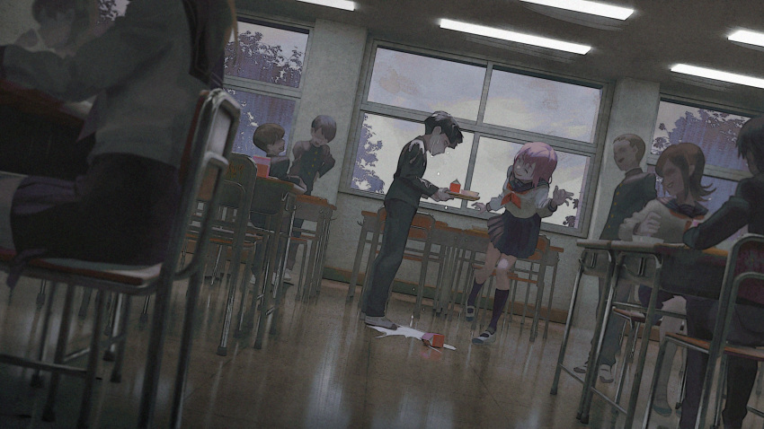 4girls 5boys asagiri_minori bangs black_eyes black_hair blouse blunt_bangs bowl_cut brown_hair bullying ceiling_light classroom closed_mouth commentary_request desk dutch_angle extra gakuran highres holding indoors kageyama_shigeo laughing light_purple_hair long_sleeves looking_at_another meipu_hm milk mob_psycho_100 multiple_boys multiple_girls muted_color pleated_skirt school_uniform short_hair sitting skirt smile spilled_milk standing tile_floor tiles tray white_blouse window