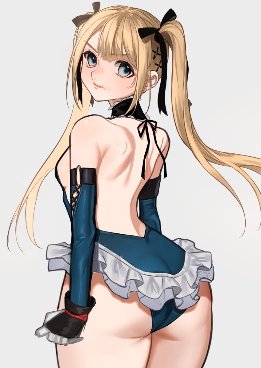 1girl absurdres ass back baka0000 bare_shoulders black_ribbon blonde_hair blue_eyes blue_leotard breasts dead_or_alive dead_or_alive_5 detached_sleeves frilled_leotard frills garters hair_ornament hair_ribbon hands_on_hips highres leotard looking_at_viewer looking_back marie_rose one_eye_closed ribbon sideboob simple_background small_breasts smile solo standing twintails white_background x_hair_ornament