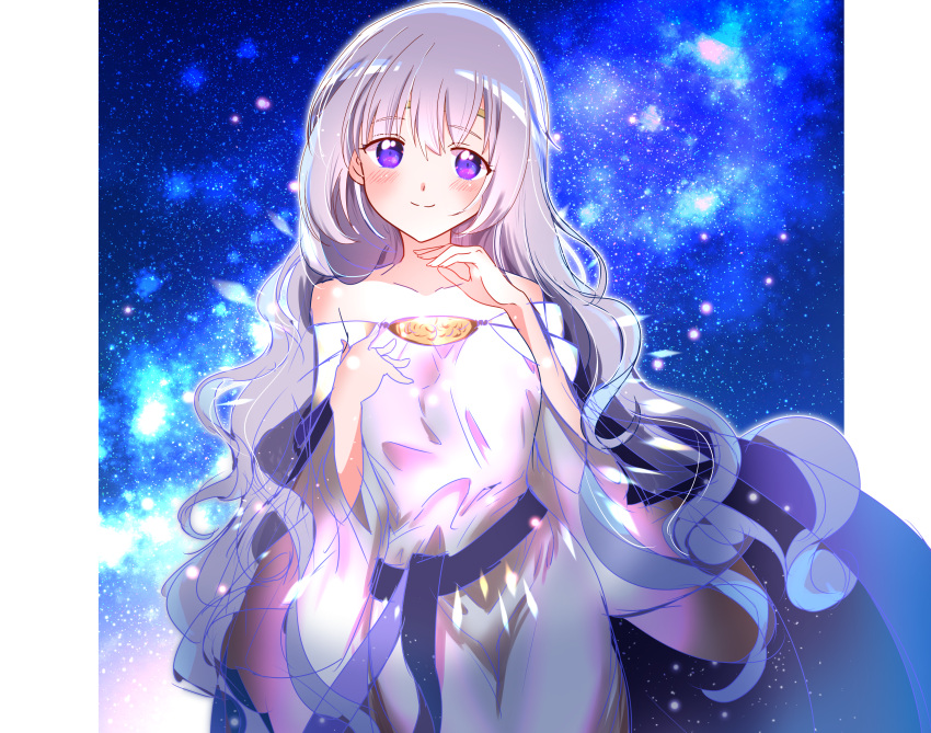 1girl absurdres babybreath63 bangs bare_shoulders blush circlet deirdre_(fire_emblem) dress eyebrows_visible_through_hair fire_emblem fire_emblem:_genealogy_of_the_holy_war hair_between_eyes highres long_hair long_sleeves looking_at_viewer night night_sky purple_hair sky smile solo strapless strapless_dress very_long_hair violet_eyes wavy_hair wide_sleeves