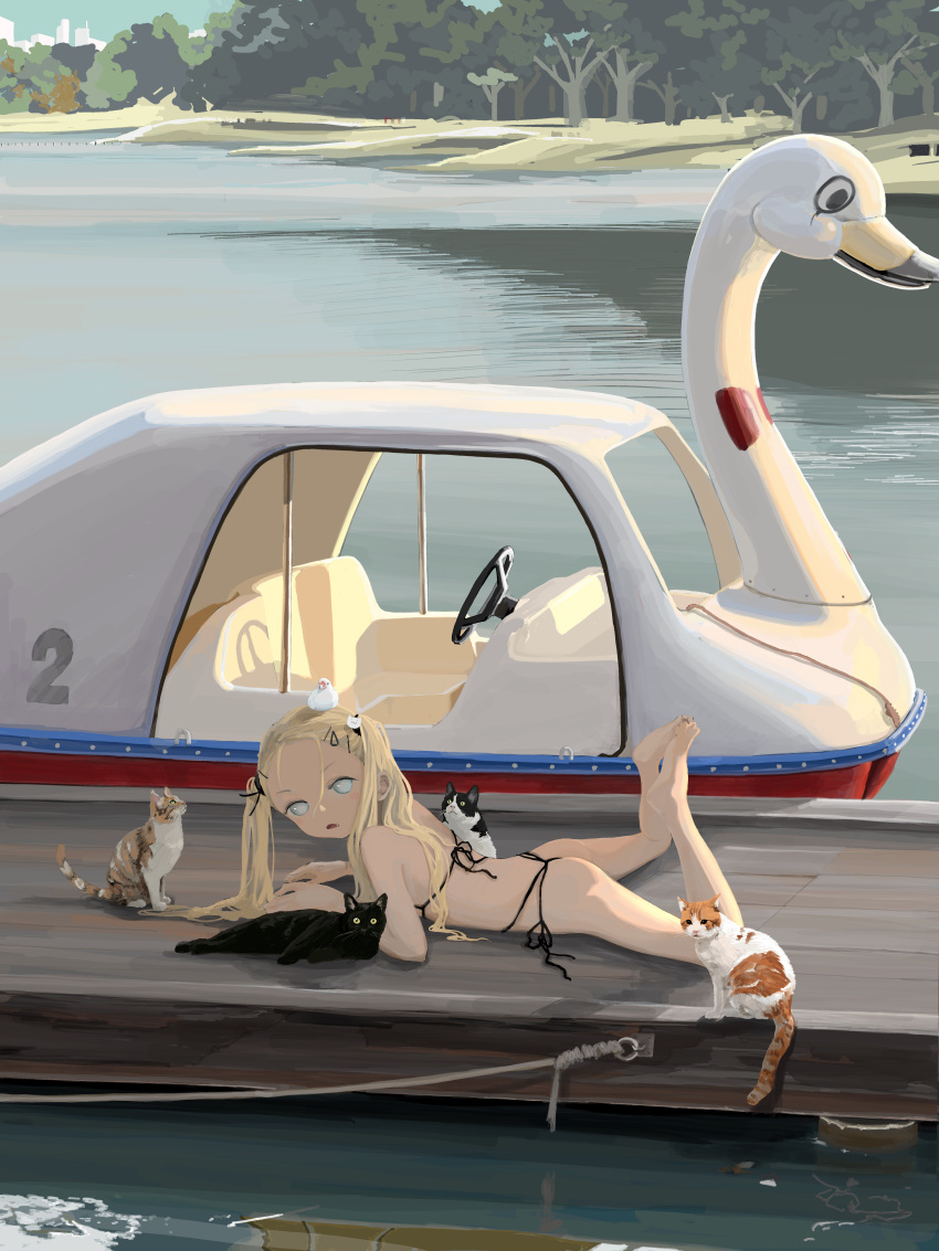 1girl absurdres animal bikini blonde_hair blue_eyes cat day highres jetty long_hair looking_at_viewer lying ohgnokuni on_stomach original outdoors swan_boat swimsuit twintails water
