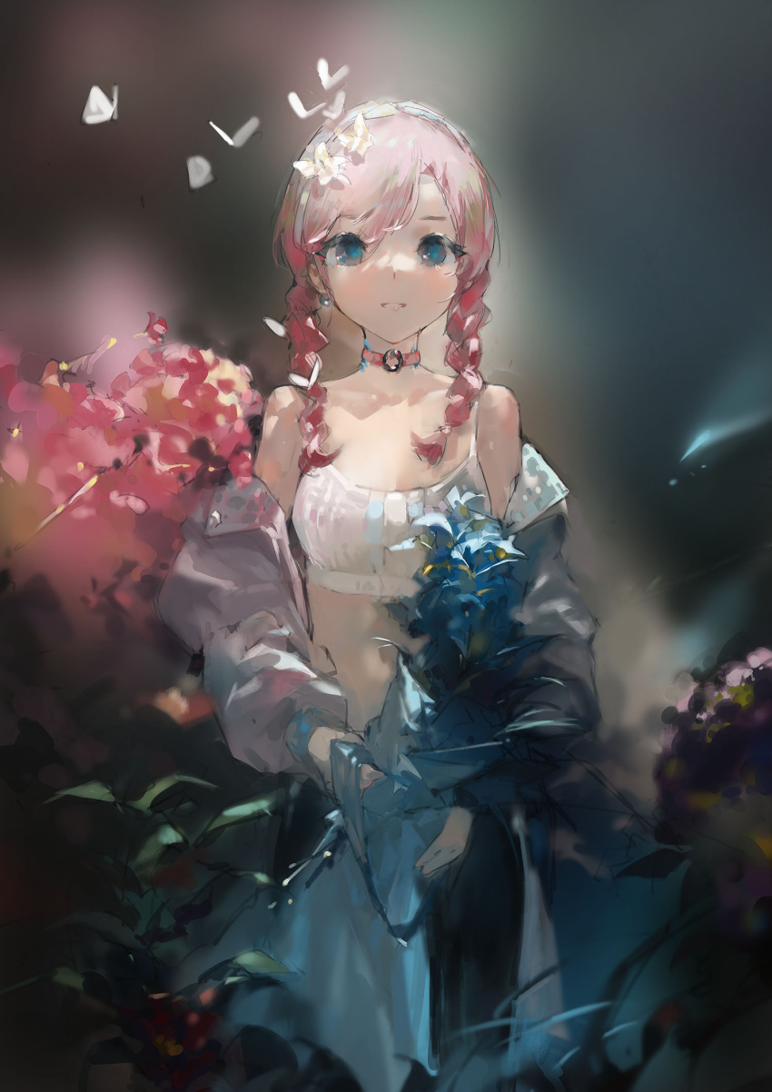 1girl arknights bare_shoulders blue_eyes blue_flower blue_jacket blue_poison_(arknights) blue_poison_(shoal_beat)_(arknights) bouquet braid bug butterfly choker earrings flower hairband highres holding holding_bouquet jacket jewelry long_hair navel o-ring o-ring_choker off_shoulder pants parted_lips pink_choker pink_hair solo sports_bra stomach twin_braids white_hairband yoga_pants zygocactus