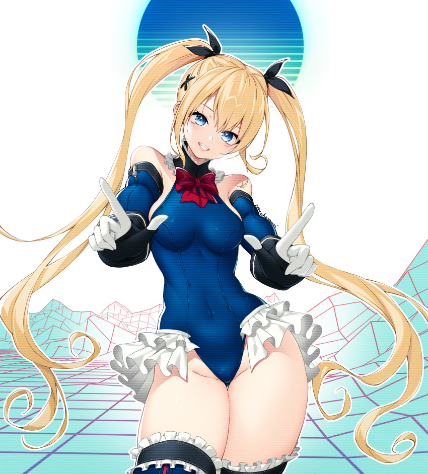 1girl absurdres artist_name bangs bare_shoulders blonde_hair blue_eyes blue_leotard bow breasts commentary_request covered_navel dead_or_alive dead_or_alive_5 frilled_leotard frills gloves hair_bow hair_ornament highleg highleg_leotard highres leotard lips long_hair looking_at_viewer marie_rose medium_breasts michie_sticker parted_lips red_bow shiny shiny_hair signature simple_background sleeveless smile teeth thighs tied_hair twintails x_hair_ornament