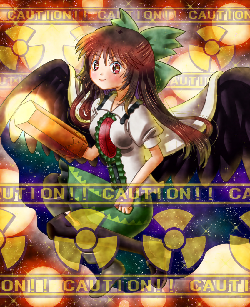 1girl arm_cannon asymmetrical_footwear bangs bird_wings black_legwear black_wings blush bow breasts brown_hair buttons cape caution center_frills closed_mouth collared_shirt commentary control_rod eyebrows_visible_through_hair frilled_shirt_collar frilled_skirt frills full_body green_bow green_skirt hair_bow highres kneehighs large_breasts long_hair looking_at_viewer misaki_(originalsin) mismatched_footwear puffy_short_sleeves puffy_sleeves radiation_symbol red_eyes reiuji_utsuho shirt shoes short_sleeves single_shoe skirt smile solo starry_sky_print third_eye touhou weapon white_cape white_shirt wings