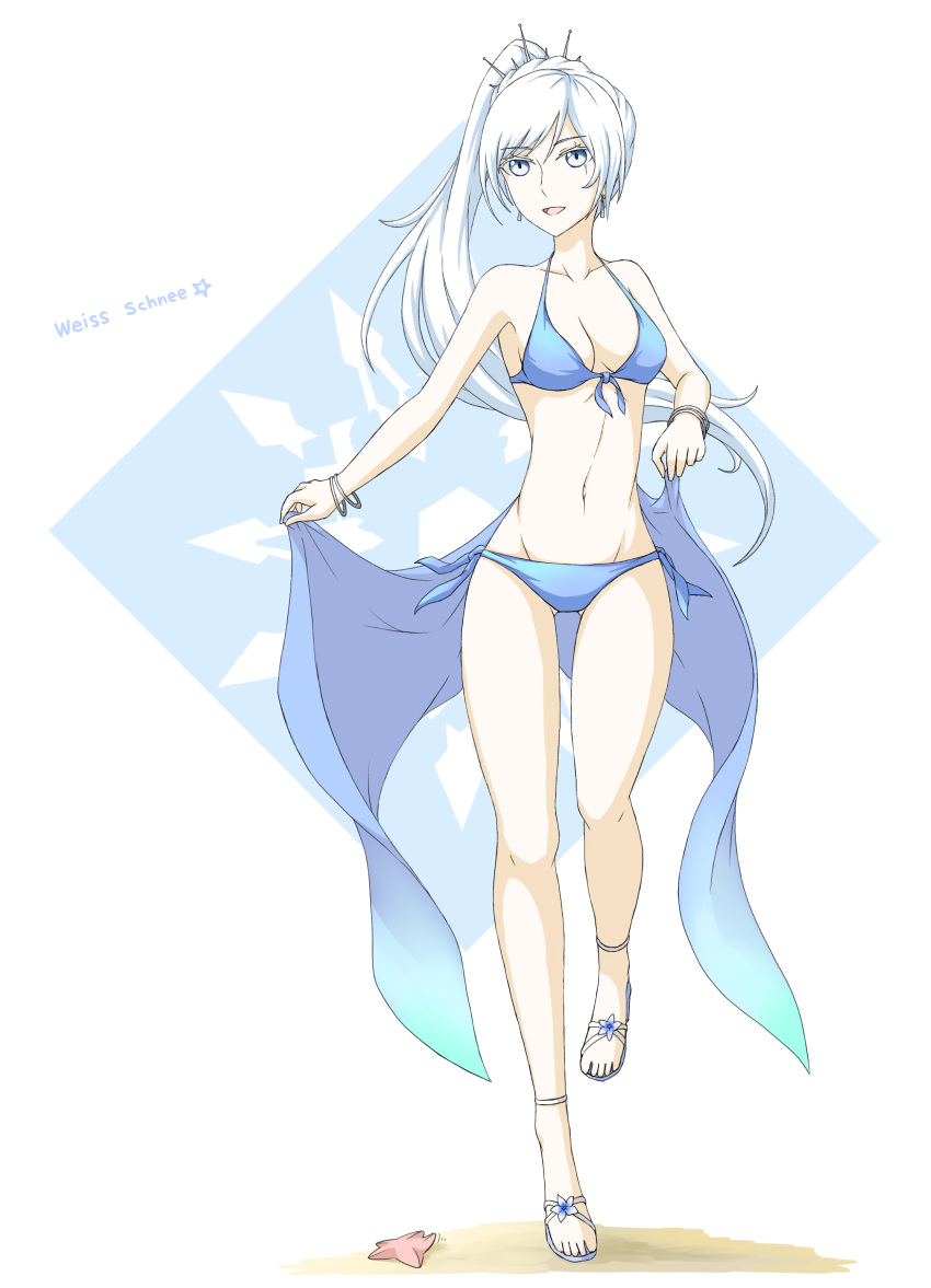 1girl absurdres ass_visible_through_thighs bikini blue_bikini blue_eyes breasts character_name earrings front-tie_top groin halter_top halterneck high_ponytail highres jewelry medium_breasts navel ponytail rwby sand sandals scar scar_across_eye shawl side-tie_bikini smile standing standing_on_one_leg starfish swimsuit tiara tsukimizake weiss_schnee white_background white_hair