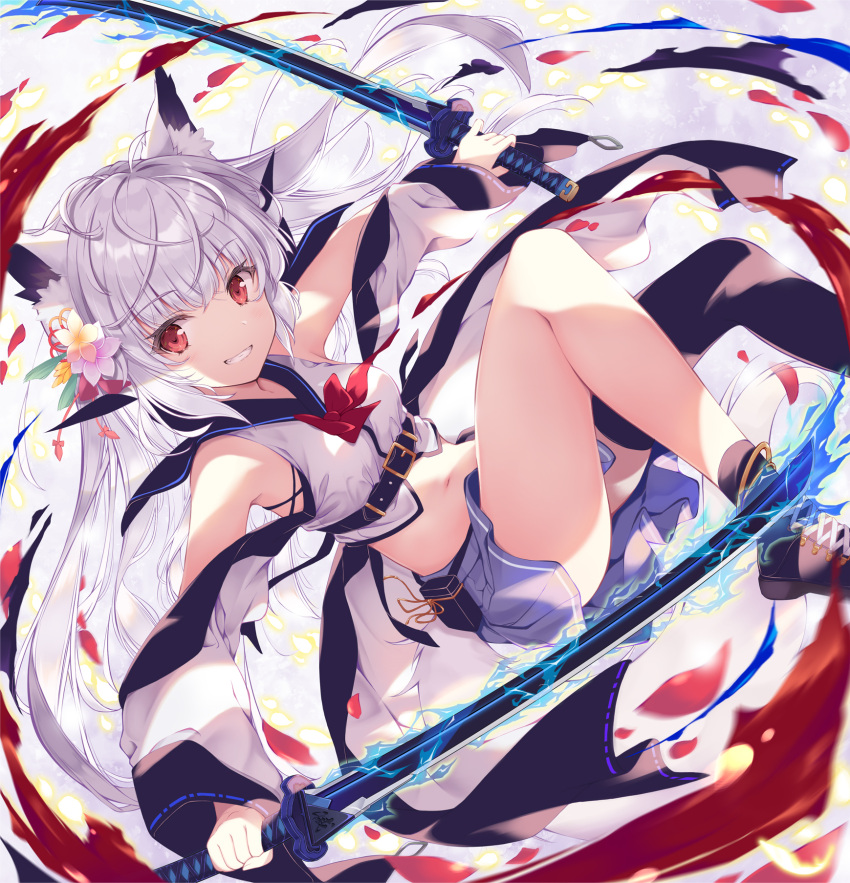 1girl animal_ear_fluff animal_ears armpits ass bare_legs bare_shoulders belt black_legwear boots bow bowtie breasts crop_top dual_wielding flower fox_ears fox_girl fox_tail grey_skirt grin hair_flower hair_ornament highres holding holding_sword holding_weapon japanese_clothes katana legs_up long_hair long_sleeves looking_at_viewer midriff miniskirt navel off_shoulder original outstretched_arms red_eyes revealing_clothes reverse_grip shirt single_thighhigh skirt small_breasts smile solo stomach sword tail tenmu_shinryuusai thigh-highs thighs weapon white_hair white_shirt