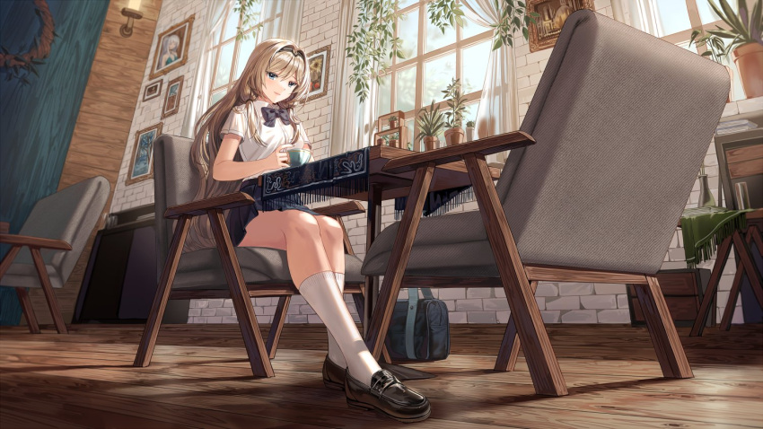 an-94_(girls'_frontline) bag blonde_hair blue_eyes blue_skirt blurry blurry_background blush breasts chair cup desk girls_frontline hair_ornament headband legs long_hair looking_at_another looking_at_viewer looking_down ribbon shirt shoes short_sleeves silence_girl skirt table teacup thighs tree twintails window wooden_chair wooden_floor wooden_table