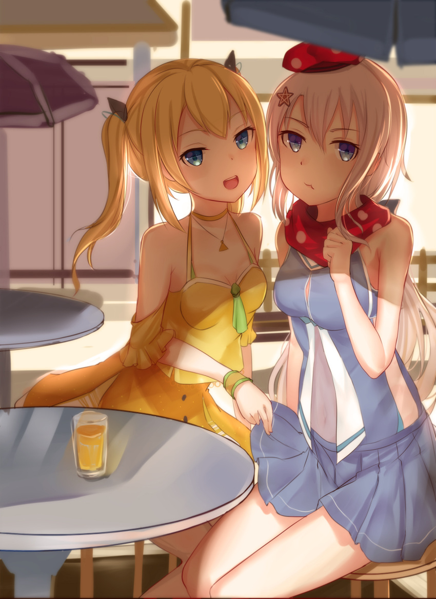 2girls 9a-91_(girls'_frontline) bangs bare_shoulders beret blonde_hair blue_dress blue_eyes blue_skirt bobo_(6630978) breasts closed_mouth clothes_lift collarbone covered_navel cup dress eyebrows_visible_through_hair feet_out_of_frame girls_frontline hair_ornament hat highres long_hair looking_at_viewer medium_breasts multiple_girls off_shoulder open_mouth red_scarf scarf silver_hair simple_background sitting skirt skirt_lift skorpion_(girls'_frontline) small_breasts smile star_(symbol) star_hair_ornament table twintails yellow_dress