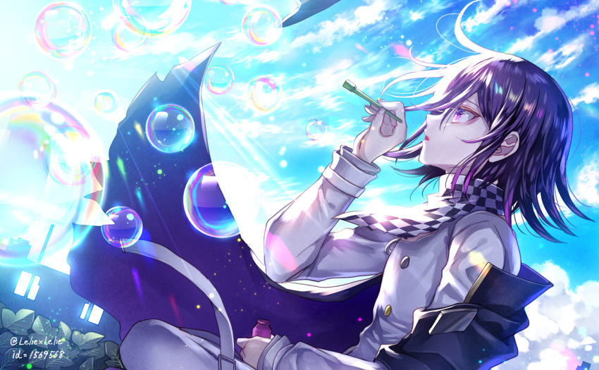 1boy bangs black_cape black_scarf blue_sky bottle buttons cape checkered_clothes checkered_scarf clouds cloudy_sky danganronpa_(series) danganronpa_v3:_killing_harmony day from_side grey_jacket grey_scarf hand_up holding holding_bottle jacket long_sleeves male_focus ouma_kokichi purple_cape purple_hair scarf shiny shiny_hair sky solo sunlight twitter_username watermark z-epto_(chat-noir86)