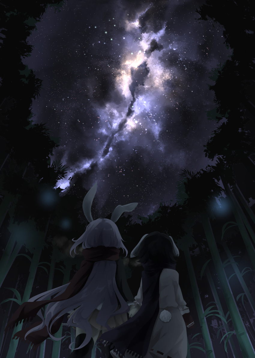 2girls absurdres animal_ears bamboo bamboo_forest black_hair black_jacket black_legwear canopy_(forest) commentary_request dress feet_out_of_frame floppy_ears forest from_behind from_below galaxy highres inaba_tewi jacket light_purple_hair long_hair long_sleeves looking_up milky_way multiple_girls nature night otomeza_ryuseigun pink_dress pink_skirt pleated_skirt rabbit_ears rabbit_tail reisen_udongein_inaba ribbon-trimmed_dress short_hair skirt sky standing star_(sky) starry_sky tail thigh-highs touhou very_long_hair zettai_ryouiki