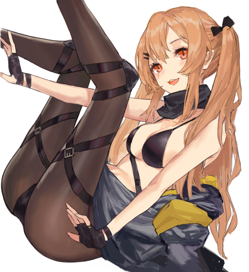 1girl :3 absurdres bandana bangs bikini bikini_top black_bikini black_gloves black_legwear black_scarf bow breasts brown_hair commentary_request eyebrows_visible_through_hair fingerless_gloves girls_frontline gloves hair_bow hair_ornament hair_tie hairclip highres jacket jacket_removed knee_pads legs_up long_hair looking_at_viewer medium_breasts messikid open_mouth pantyhose red_eyes scar scar_across_eye scarf sidelocks sitting smile solo swimsuit teeth twintails ump9_(girls'_frontline) unfinished upper_teeth white_background