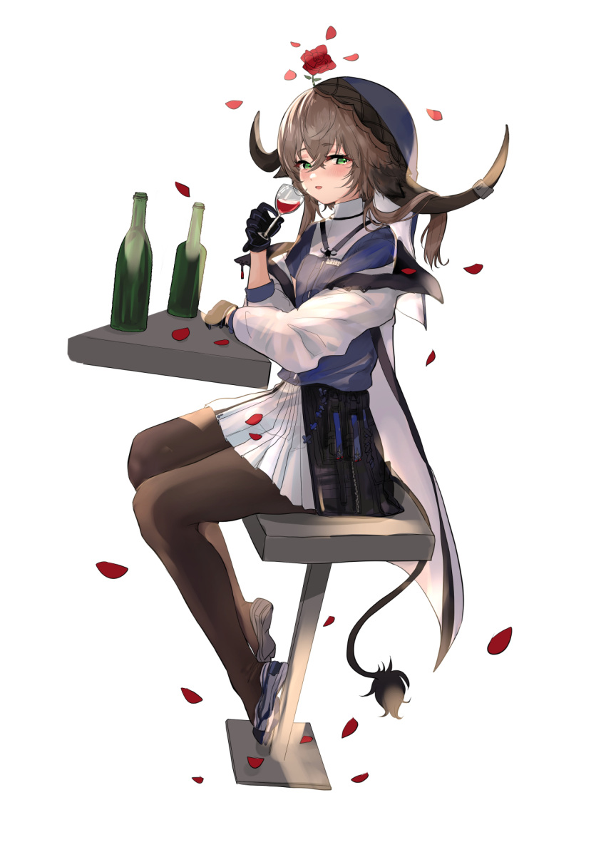 1girl alcohol animal_ears arknights blue_shirt blush bottle brown_hair brown_legwear coat cow_ears cow_girl cow_tail cup drink drinking_glass drunk flower from_side full_body green_eyes highres holding holding_cup long_hair long_sleeves looking_at_viewer looking_to_the_side maria_(syake-uni) open_clothes open_coat pallas_(arknights) pantyhose parted_lips petals pleated_skirt red_flower red_rose rose rose_petals shirt simple_background sitting skirt solo stool tail veil white_background white_coat white_skirt wine wine_bottle wine_glass