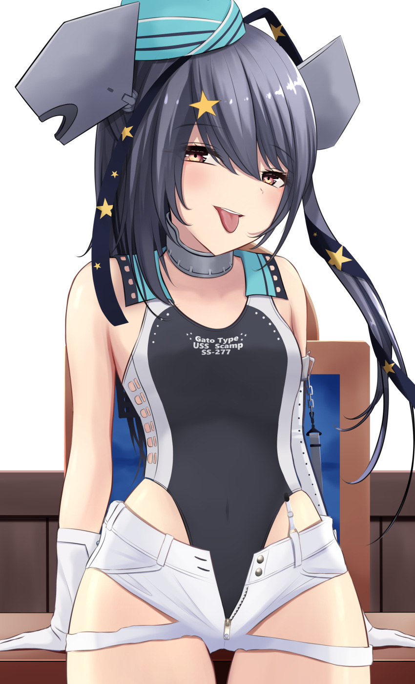 1girl absurdres aqua_headwear black_ribbon black_swimsuit commentary_request competition_swimsuit cowboy_shot garrison_cap gloves grey_eyes grey_hair hair_ornament hair_ribbon hat highleg highleg_swimsuit highres kantai_collection long_hair looking_at_viewer nokonoko one-piece_swimsuit ribbon scamp_(kancolle) short_shorts shorts side_ponytail solo star_(symbol) star_hair_ornament swimsuit tongue tongue_out white_gloves white_shorts