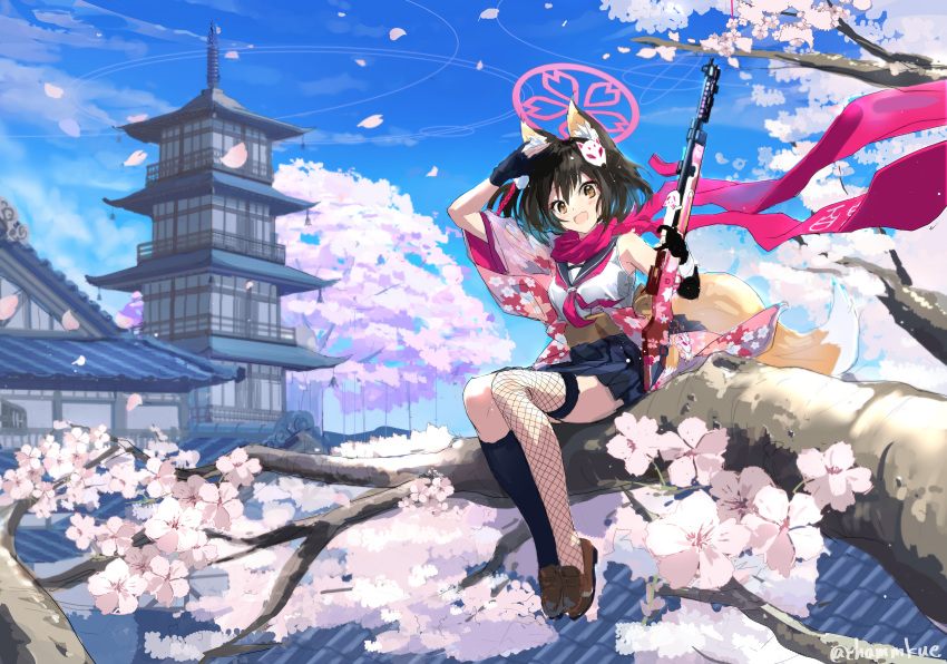 1girl absurdres animal_ear_fluff animal_ears architecture asymmetrical_legwear black_footwear black_gloves blue_archive blue_skirt chamu_(chammkue) cherry_blossoms commentary_request east_asian_architecture fishnet_legwear fishnets floral_print fox_ears fox_tail full_body gloves gun hair_ornament highres holding holding_gun holding_weapon in_tree izuna_(blue_archive) japanese_clothes kimono loafers looking_at_viewer mismatched_legwear obi open_mouth outdoors partially_fingerless_gloves petals rifle sailor_collar sash scarf shading_eyes shirt shoes single_bare_shoulder single_thighhigh sitting sitting_in_tree skirt sleeveless sleeveless_shirt smile socks solo tail thigh-highs tree twitter_username weapon white_shirt yellow_eyes