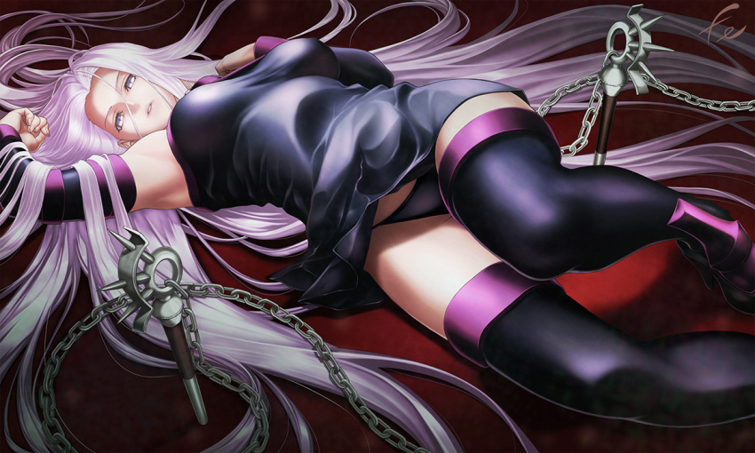 1girl absurdly_long_hair covered_nipples duplicate fate/grand_order fate_(series) fenrir_(fenlil0316) forehead lips long_hair looking_at_viewer lying medusa_(fate) medusa_(rider)_(fate) nameless_dagger_(fate) on_back panties pink_hair pixel-perfect_duplicate solo underwear very_long_hair white_eyes