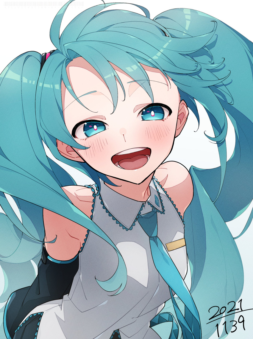 1girl 2021 absurdres armpit_crease arms_behind_back bangs bare_shoulders bent_over blue_eyes blue_necktie breasts bright_pupils collared_shirt dated detached_sleeves eyebrows_visible_through_hair floating_hair happy hatsune_miku highres light_blush long_hair looking_at_viewer necktie odd_(miyoru) open_mouth round_teeth shiny shiny_hair shirt simple_background sleeveless sleeveless_shirt small_breasts smile solo swept_bangs teeth tsurime twintails upper_body upper_teeth very_long_hair vocaloid white_background white_pupils white_shirt