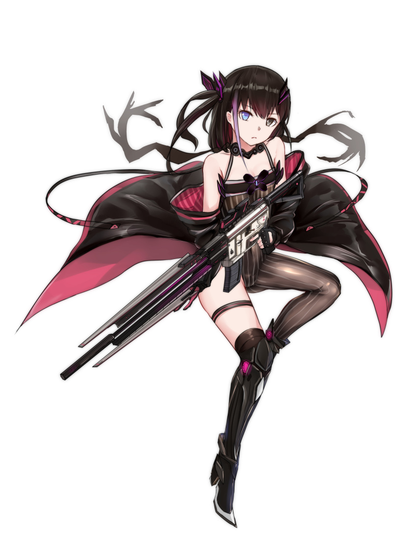 1girl absurdres ar-15 bangs bare_shoulders black_dress black_footwear black_hair black_jacket black_legwear blue_eyes bobo_(6630978) boots breasts closed_mouth collarbone covered_navel dress expressionless eyebrows_visible_through_hair full_body girls_frontline grey_eyes gun hair_ornament hairclip heterochromia high_heel_boots high_heels highres holding holding_gun holding_weapon jacket jacket_pull knee_boots long_hair looking_at_viewer off-shoulder_dress off_shoulder rifle sangvis_ferri side_ponytail single_thighhigh small_breasts sniper_rifle solo st_ar-15_(girls'_frontline) thigh-highs weapon white_background