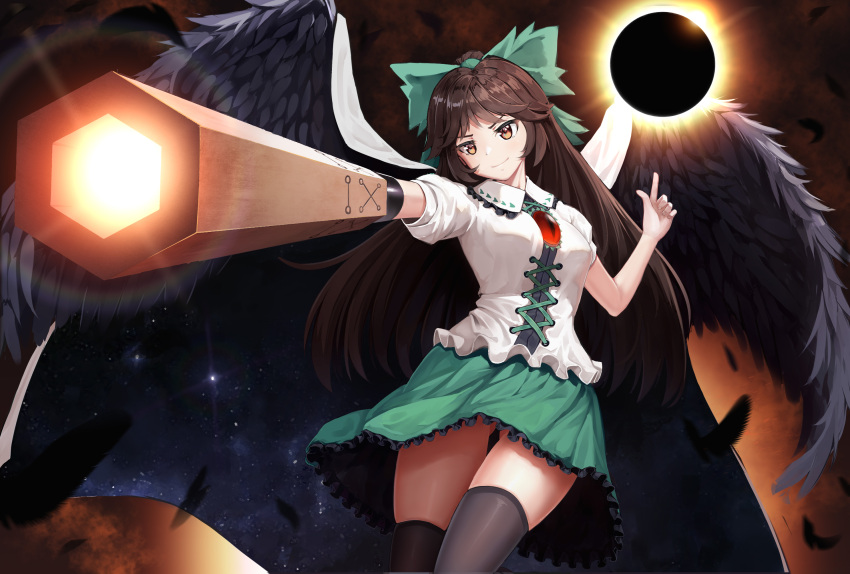 1girl arm_cannon bangs bird_wings black_legwear black_sun black_wings bow breasts brown_eyes brown_hair bushi_j cape closed_mouth collared_shirt commentary_request control_rod cross-laced_shirt feathers feet_out_of_frame frilled_shirt_collar frilled_skirt frills green_bow green_skirt hair_bow highres long_hair looking_at_viewer medium_breasts pointing pointing_up ponytail puffy_short_sleeves puffy_sleeves reiuji_utsuho shirt short_sleeves skirt smile solo starry_sky_print sun thigh-highs third_eye touhou weapon white_cape white_shirt wings