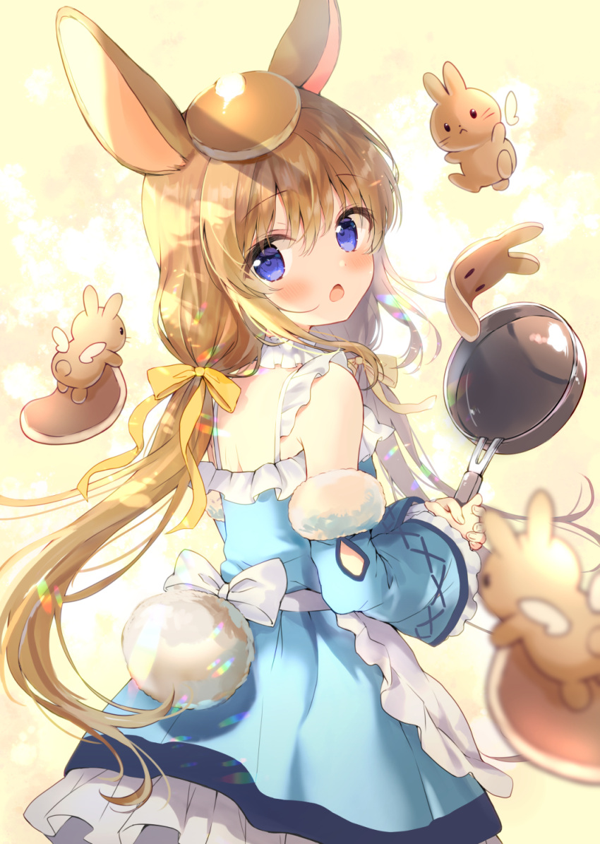 1girl amedamacon animal animal_ears bangs bare_shoulders blue_sleeves blush bow brown_hair commentary_request detached_sleeves dress eyebrows_visible_through_hair food food_on_head frilled_dress frills from_behind frying_pan fur-trimmed_sleeves fur_trim hair_between_eyes hair_bow highres holding long_hair long_sleeves looking_at_viewer looking_back low_twintails object_on_head open_mouth original pancake rabbit rabbit_ears rabbit_girl rabbit_tail sleeveless sleeveless_dress sleeves_past_wrists solo tail twintails very_long_hair wide_sleeves winged_animal yellow_bow