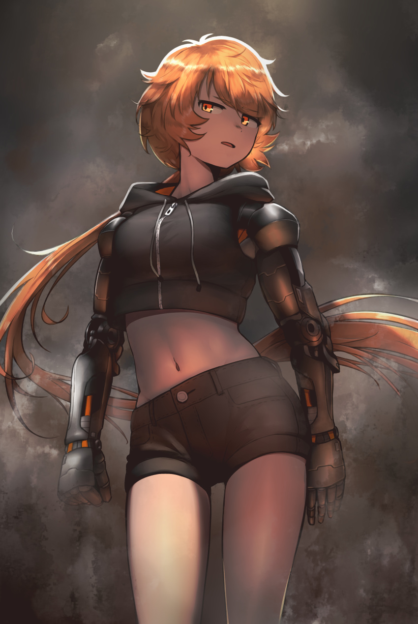 1girl absurdres bangs black_hoodie black_shorts breasts commentary_request cowboy_shot cropped_hoodie drawstring eyebrows_visible_through_hair floating_hair groin highres hood hood_down hoodie hoplitx large_breasts long_hair looking_to_the_side low_ponytail mechanical_arms midriff navel open_mouth orange_eyes orange_hair original prosthesis prosthetic_arm revision short_shorts shorts sidelocks sleeveless sleeveless_hoodie smoke solo standing zipper_pull_tab