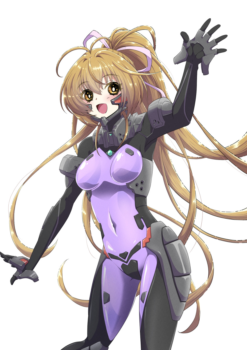 1girl blush breasts bright_pupils brown_eyes brown_hair eyebrows_visible_through_hair floating_hair fortified_suit hair_ribbon highres kamon_rider katia_waldheim long_hair muvluv muvluv_alternative open_hand open_mouth pilot_suit purple_ribbon ribbon schwarzesmarken small_breasts smile solo white_background white_pupils