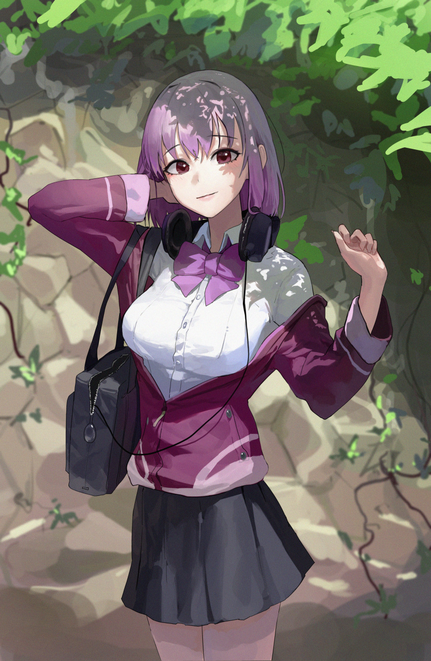 1girl absurdres bag black_skirt bow bowtie breasts bush closed_mouth collared_shirt commentary cowboy_shot day english_commentary eyebrows_visible_through_hair gridman_universe hands_up headphones headphones_around_neck highres jacket large_breasts light_smile long_sleeves looking_at_viewer mac_star medium_hair outdoors partially_unzipped purple_bow purple_bowtie purple_hair purple_jacket rock school_bag school_uniform shinjou_akane shirt skirt solo ssss.gridman violet_eyes white_shirt