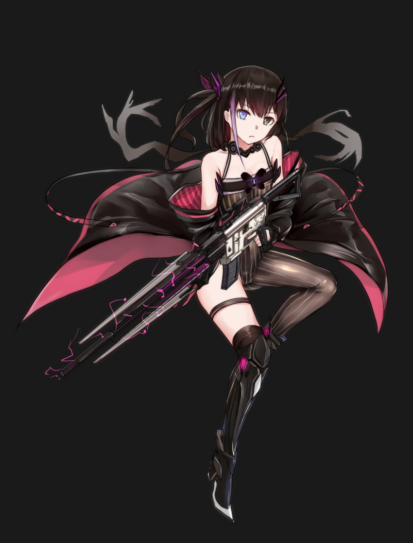 1girl absurdres ar-15 bangs bare_shoulders black_background black_dress black_footwear black_hair black_jacket black_legwear blue_eyes bobo_(6630978) boots breasts closed_mouth collarbone covered_navel dress expressionless eyebrows_visible_through_hair full_body girls_frontline grey_eyes gun hair_ornament hairclip heterochromia high_heel_boots high_heels highres holding holding_gun holding_weapon jacket jacket_pull knee_boots long_hair looking_at_viewer off-shoulder_dress off_shoulder rifle sangvis_ferri side_ponytail single_thighhigh small_breasts sniper_rifle solo st_ar-15_(girls'_frontline) thigh-highs weapon
