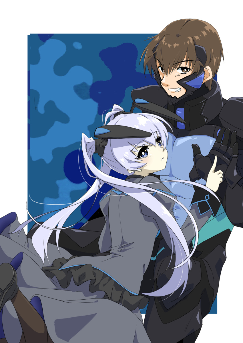 1boy 1girl bright_pupils brown_eyes brown_hair eyebrows_visible_through_hair fortified_suit grey_skirt hair_behind_ear highres kamon_rider looking_at_viewer military military_uniform muvluv muvluv_alternative open_hand parted_lips pilot_suit pointing shirogane_takeru skirt smile twintails uniform white_pupils yashiro_kasumi