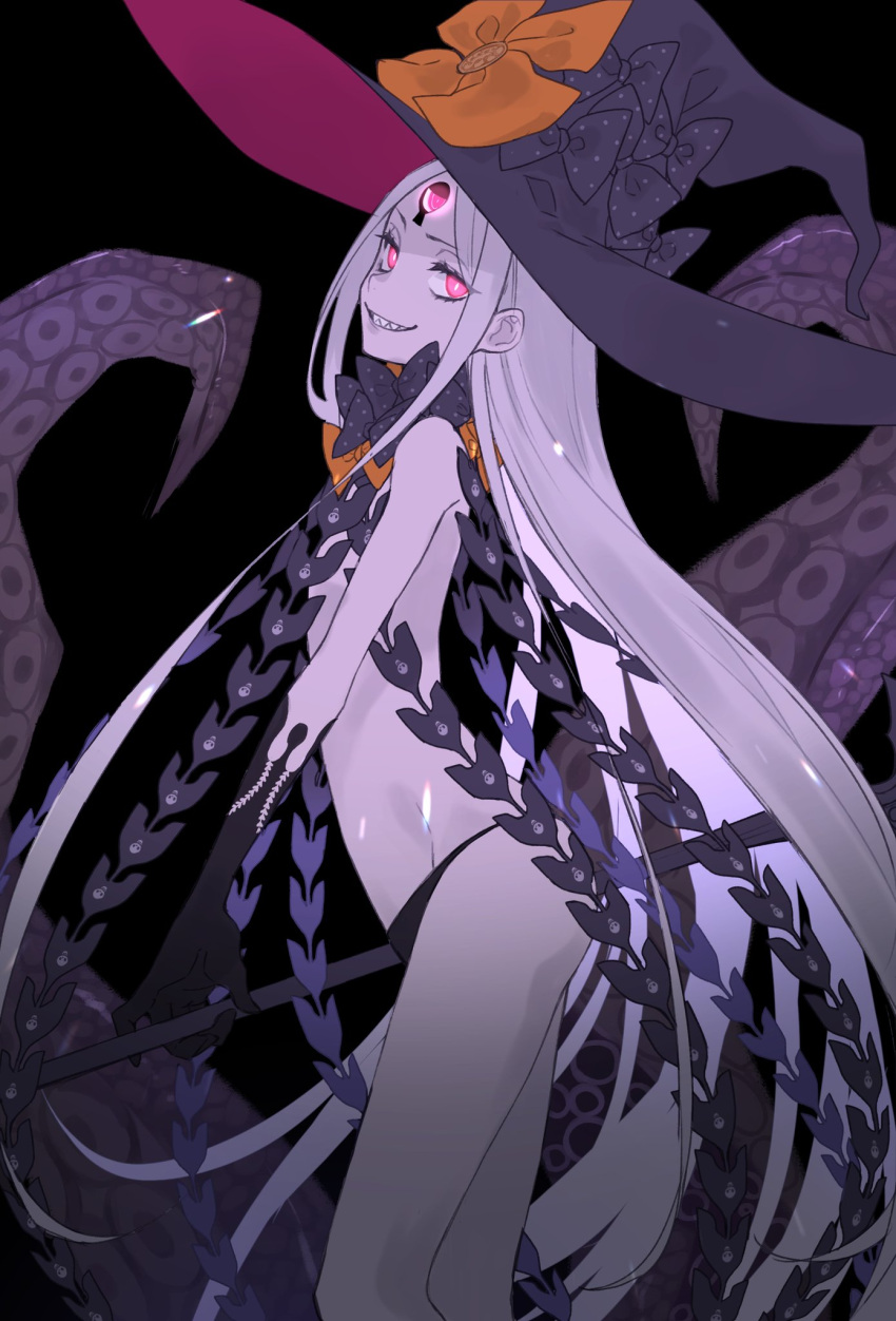 1girl abigail_williams_(fate) ass bare_shoulders black_panties breasts fate/grand_order fate_(series) grin hat highres holding keyhole long_hair looking_at_viewer panties pink_eyes purple_hair purple_skirt revealing_clothes sharp_teeth skirt small_breasts smile solo teeth tentacles tofu_(bean359) underwear very_long_hair witch_hat