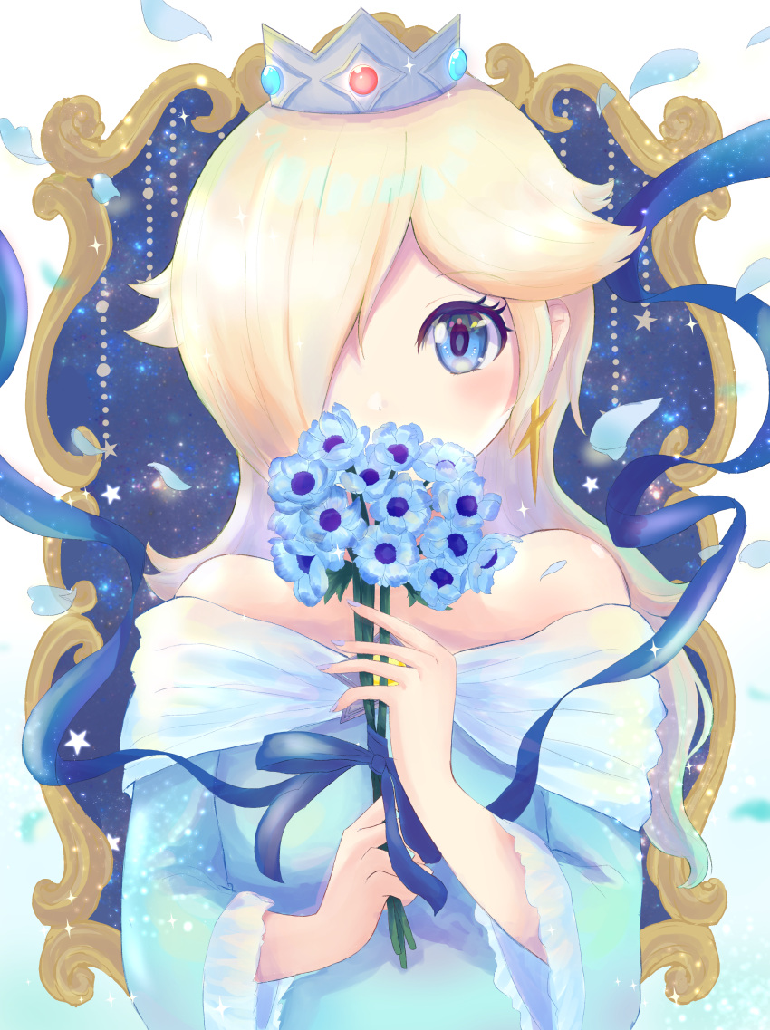 1girl absurdres bare_shoulders blonde_hair blue_eyes blue_flower covering_mouth crown dress earrings eyebrows_visible_through_hair fingernails flower hair_over_one_eye highres holding holding_flower jewelry looking_at_viewer norimaki_(nrmk_norinori) off-shoulder_dress off_shoulder purple_nails rosalina solo star_(symbol) star_earrings strapless strapless_dress super_mario_bros. wide_sleeves