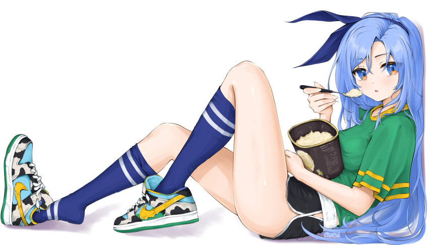 1girl bangs black_shorts blue_eyes blue_hair blue_hairband blue_legwear chaesu commentary dolphin_shorts food green_shirt hairband hand_up highres holding holding_spoon ice_cream knee_up long_hair looking_at_viewer minah_(chaesu) original parted_lips shirt shoes short_shorts shorts simple_background sitting sneakers solo spoon thighs very_long_hair white_background