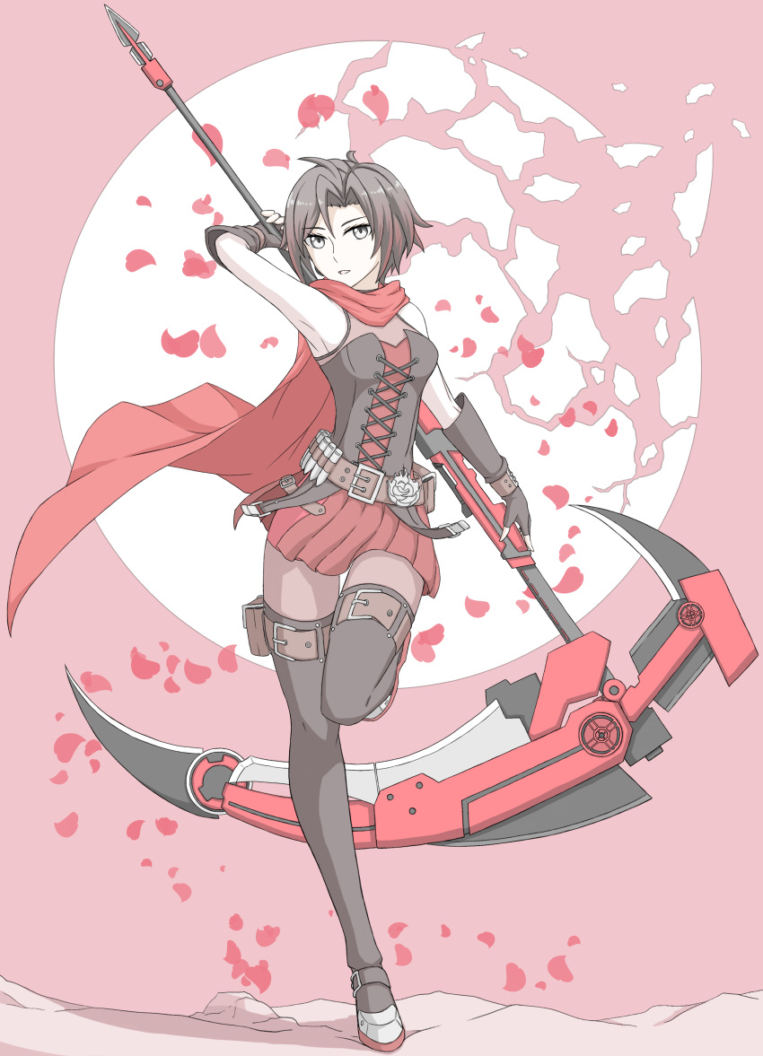 ! 1girl absurdres arms_behind_back bare_shoulders belt belt_buckle black_hair boots breasts brown_belt buckle cape cloak corset crescent_rose fingerless_gloves full_moon gloves grey_eyes highres looking_at_viewer medium_breasts moon pantyhose parted_lips red_background red_cape red_skirt ruby_rose rwby short_hair skirt solo standing standing_on_one_leg thigh-highs thigh_boots thighhighs_over_pantyhose tsukimizake